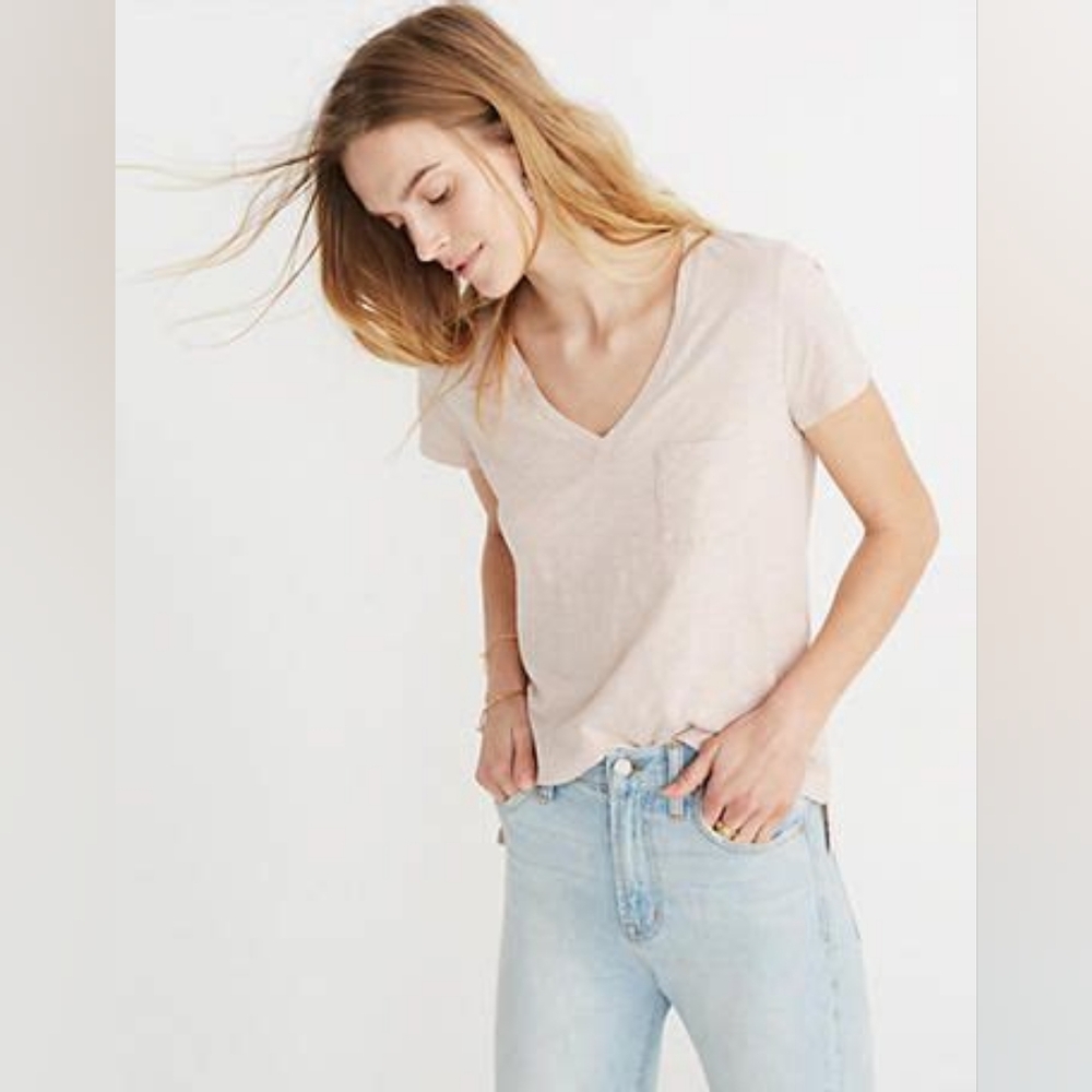 Madewell Womens Pink Blush Whisper Cotton V-neck Pocket Tee XXS Summer Casual